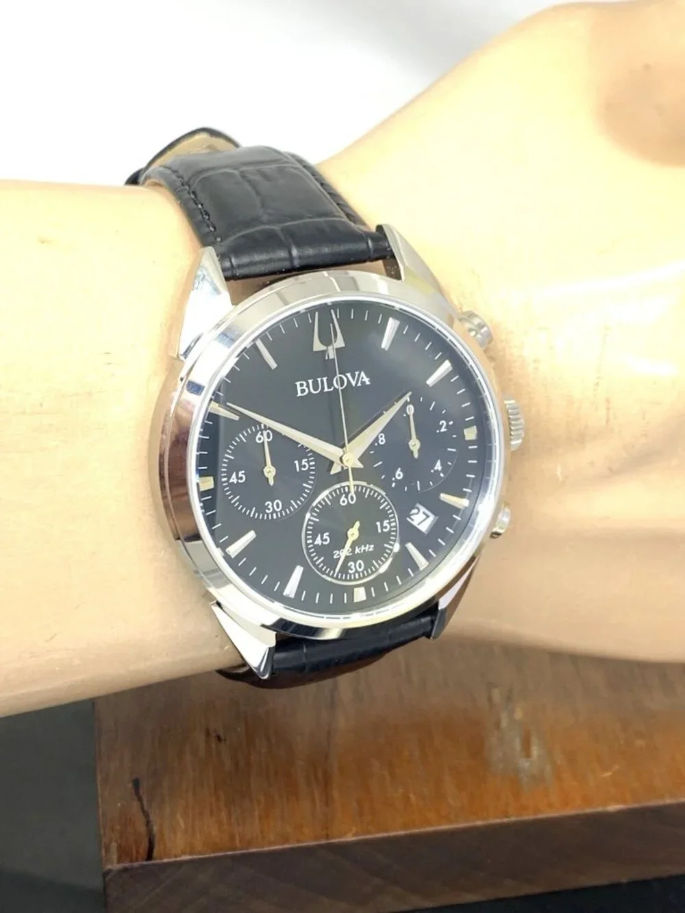 Bulova Men's Watch 96B371 Quartz Chronograph Black Dial Leather Strap 42mm